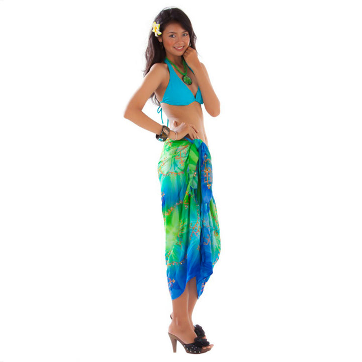 EMBROIDERED TIE DYE SARONG IN BLUE/LIME GREEN