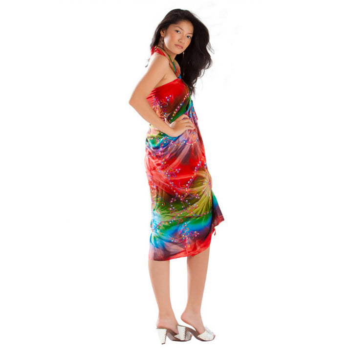 EMBROIDERED TIE DYE SARONG IN RED/GREEN.