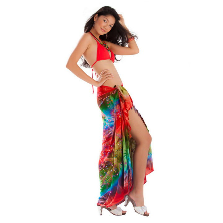 EMBROIDERED TIE DYE SARONG IN RED/GREEN.