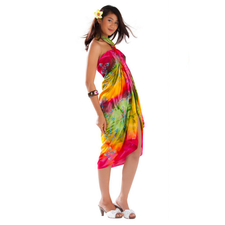 EMBROIDERED TIE DYE SARONG IN FUCHSIA/GREEN Alki Surf Shop EMBROIDERED TIE DYE SARONG IN FUCHSIA/GREEN Alki Surf Shop